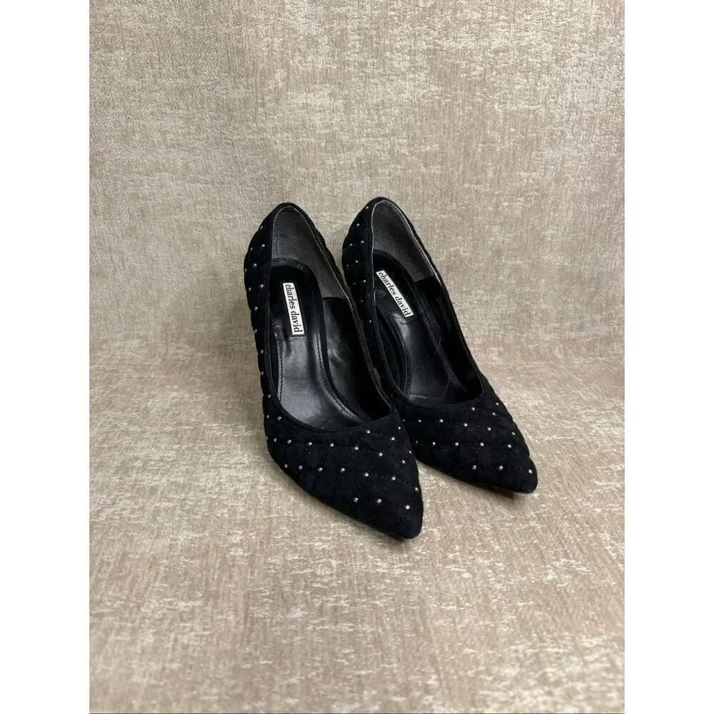 Charles David Women's Studded Quilted Suede Pointed Toe Heel Pumps Black Sz 7.5